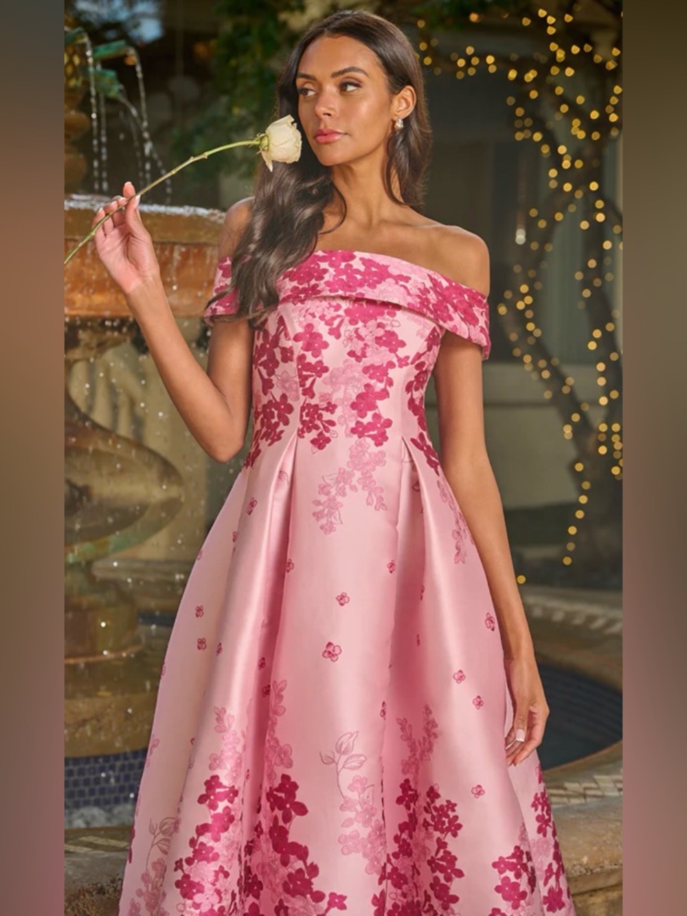 Adrianna Papell Pink Floral Jacquard Off-Shoulder Dress Sz 14